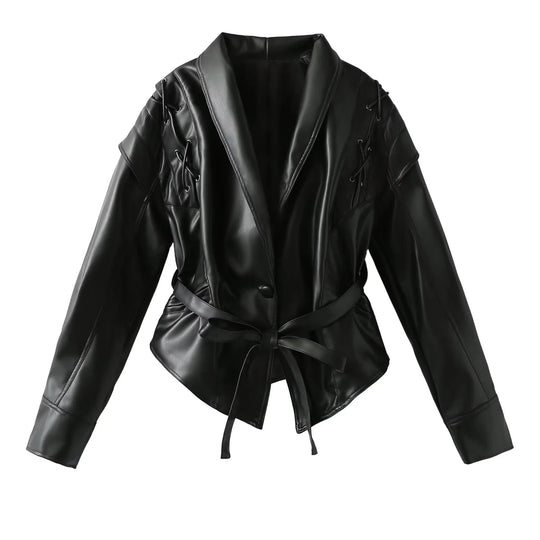 Damen Kunstlederblazer im modernem Design mit praktischem Gürtel EB