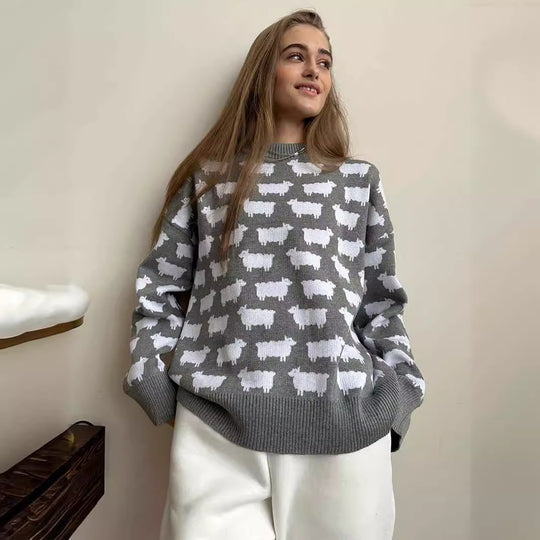 Damen Gemusterter Strickpullover mit Schafmotiven EB