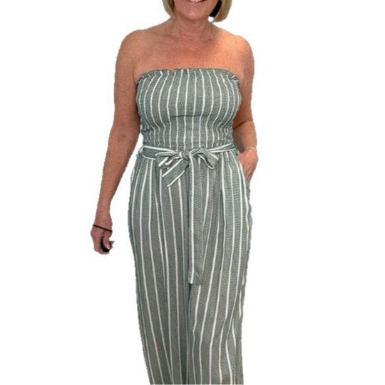 Damen Bandeau Jumpsuit mit weitem Bein und Bindegürtel EB