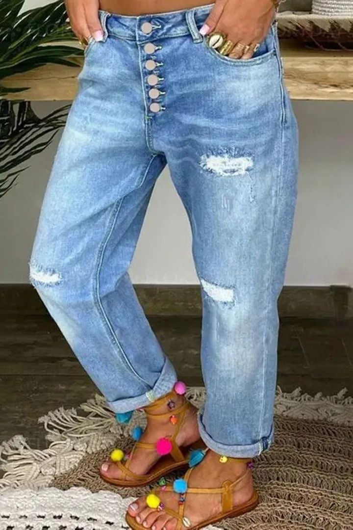 Damen Mom-Jeans mit Knopfverschluss und stylischen Distressed-Details EB