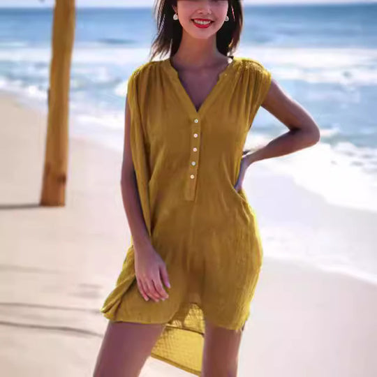 Damen Sommerliches Strandkleid mit kurzer Knopfleiste und V-Ausschnitt EB