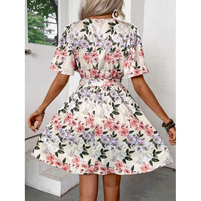 Damen Blumengemustertes Wickelkleid mit Taillengürtel EB
