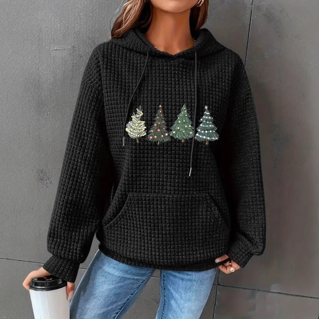 Damen Waffel-Pullover mit übergroßer Kapuze und festlichem Baumdesign EB
