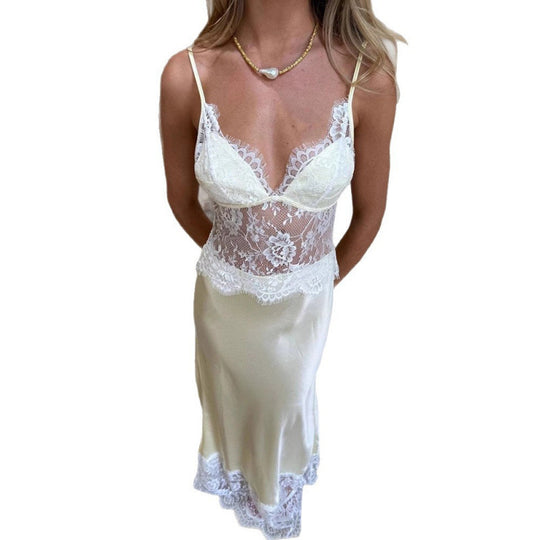 Damen Elegantes Nachtkleid mit transparentem Spitzeneinsatz und verstellbaren Trägern EB