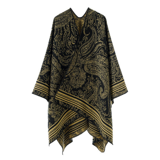 Damen Jacquard-Poncho im Ruana-Schnitt mit Paisley-Muster und breiter Bordüre EB