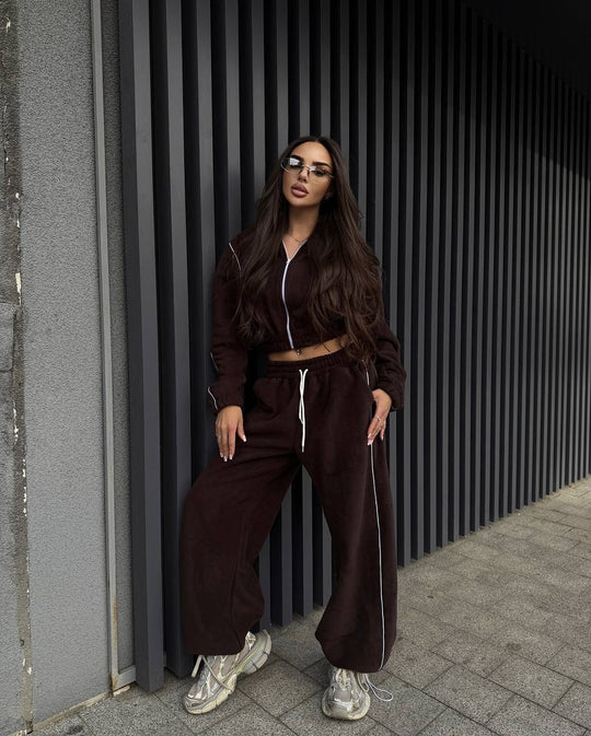 Damen Gekürztes Zip-Fleece-Set mit tailliertem Kordelbund und weitem Hosenbein EB