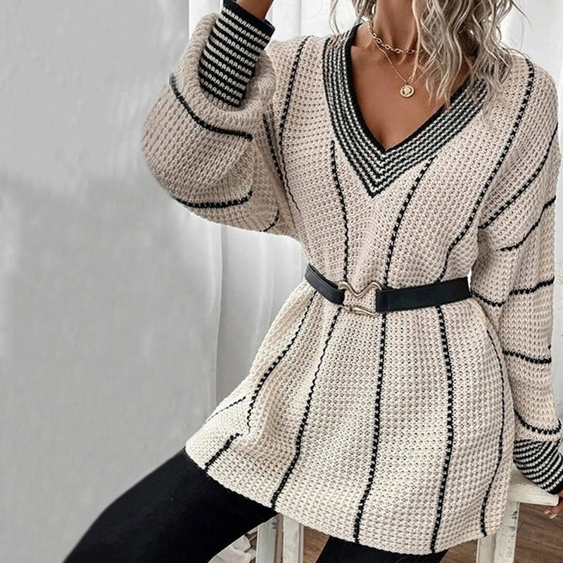 EB | Pullover - Damen Winter Gestreifter V-Ausschnitt Strickpullover