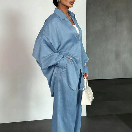 Damen Zweiteiliges Oversize-Hemd- und Palazzo-Set im fließenden Denim-Look EB