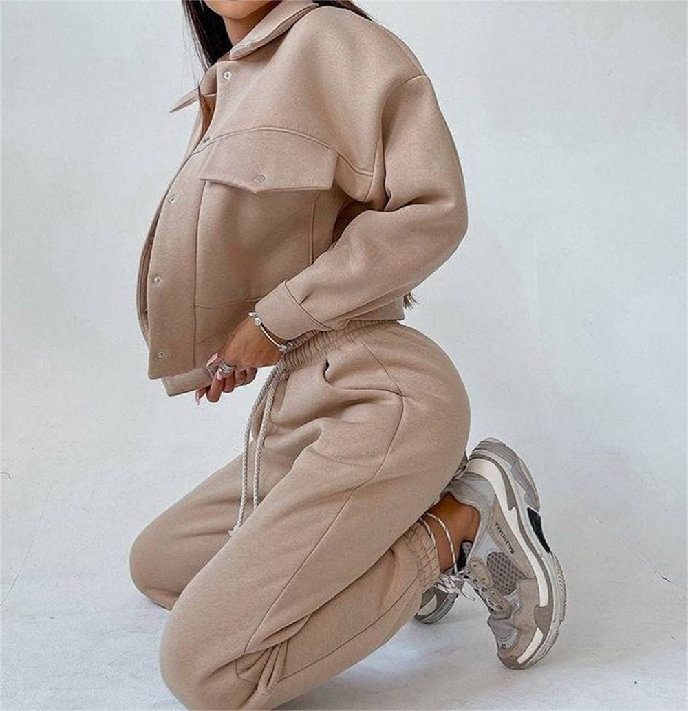Damen lässiges Fleece-Set mit praktischer Jacke und bequemen Jogginghosen EB