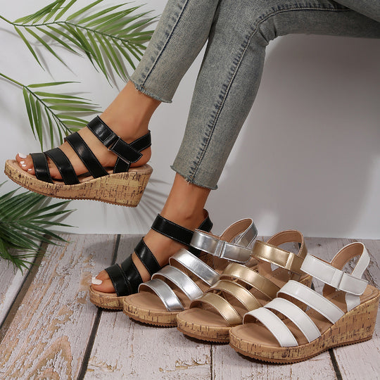 Damen Wedge-Sandalen mit dekorativen Riemen und Korksohle EB