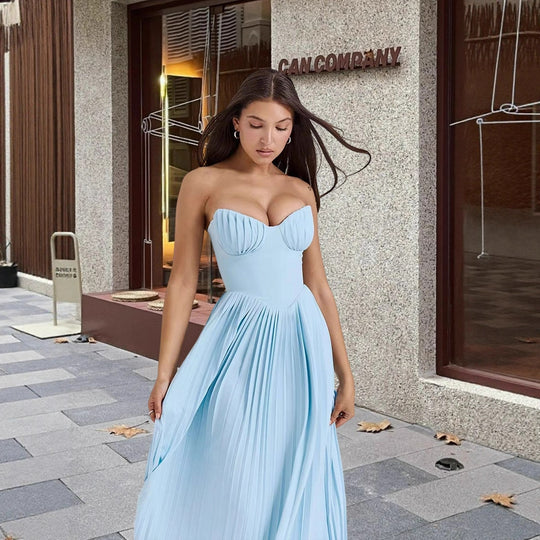 Damen Plissiertes Maxikleid mit herzförmigem Ausschnitt und elegantem Schnitt EB