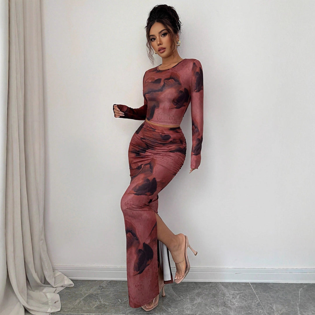 Damen nan zweiteiliges figurbetontes Set aus elastischem Mesh mit langärmligem Crop-Top, Daumenloch und gerafftem Midirock EB