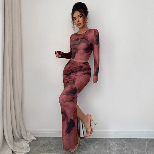 Damen nan zweiteiliges figurbetontes Set aus elastischem Mesh mit langärmligem Crop-Top, Daumenloch und gerafftem Midirock EB