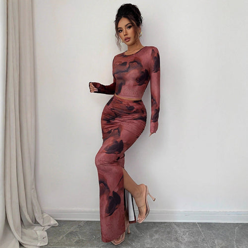 Damen nan zweiteiliges figurbetontes Set aus elastischem Mesh mit langärmligem Crop-Top, Daumenloch und gerafftem Midirock EB