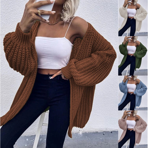 Damen Grobstrick-Cardigan mit voluminösen Ärmeln und offener Vorderseite EB