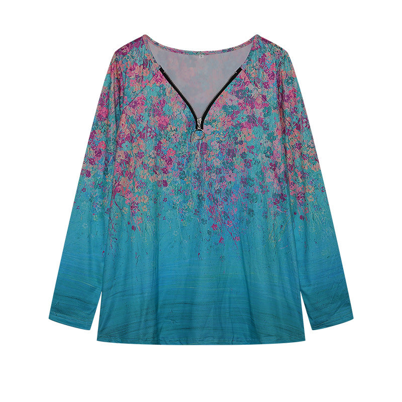 Damen Langarmshirt mit farbenfrohem Blütenmuster und modernem Zipper EB
