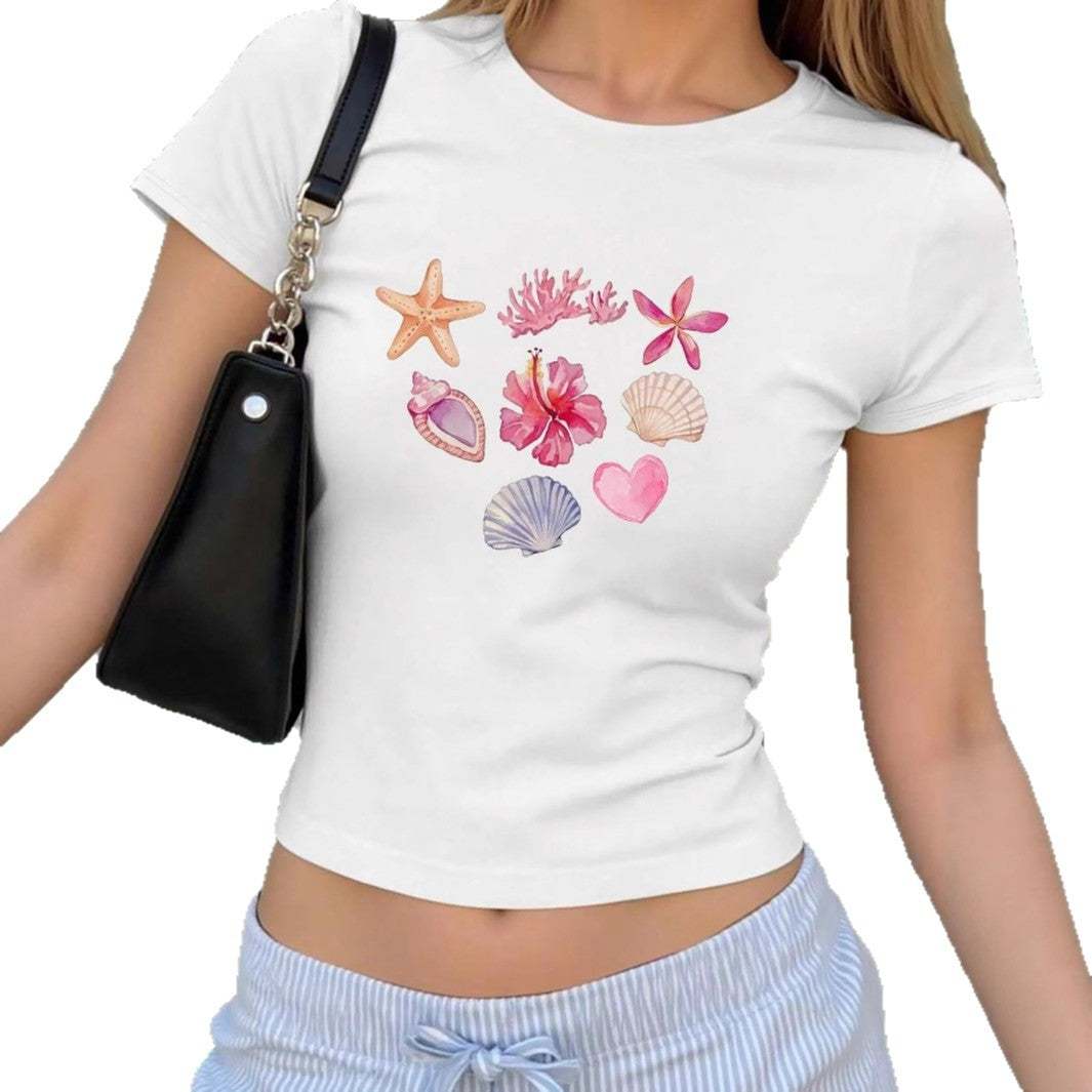 Damen Crop-T-Shirt mit maritimen Aufdrucken EB