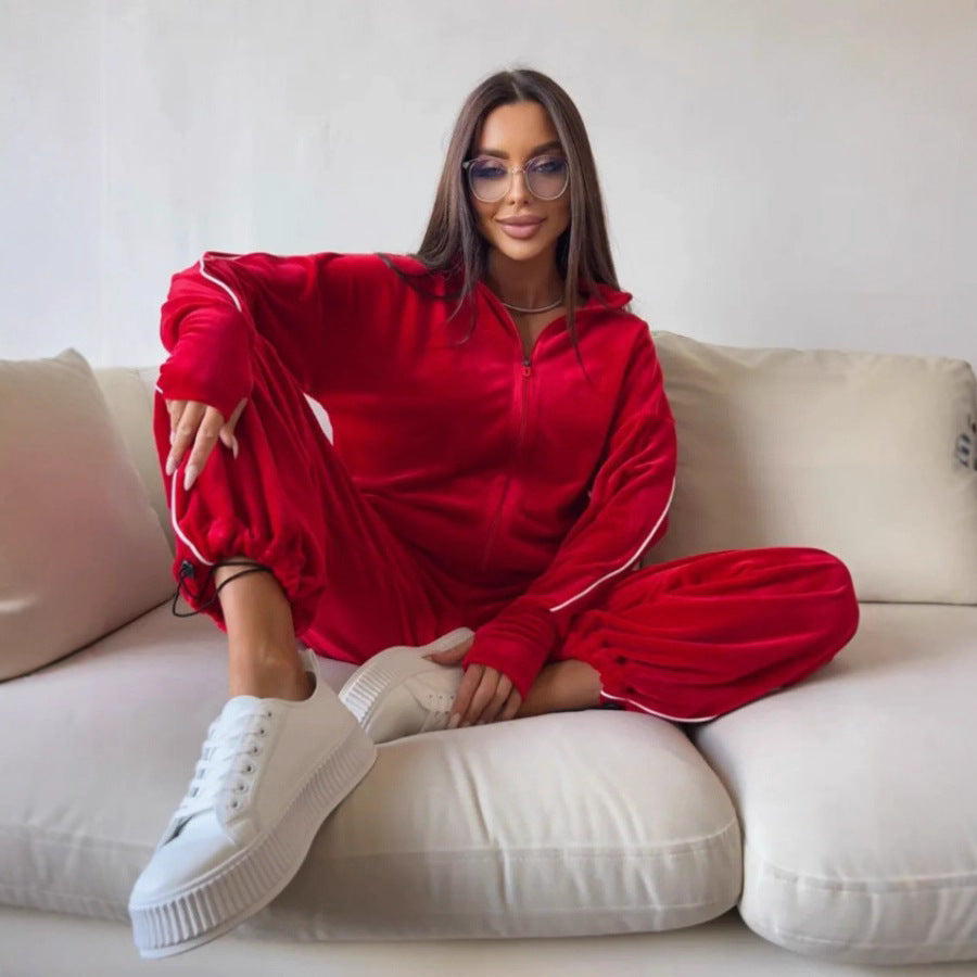 Damen elegantes Velours-Loungewear-Set im sportlichen Design mit kontrastierenden Streifen EB
