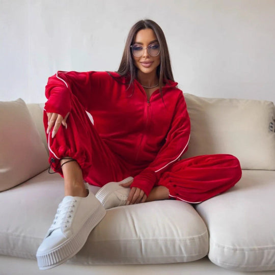 Damen elegantes Velours-Loungewear-Set im sportlichen Design mit kontrastierenden Streifen EB