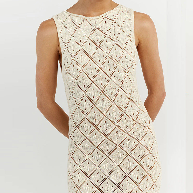 Damen Häkelkleid mit kreativem Rautenmuster und ärmellosem Schnitt EB