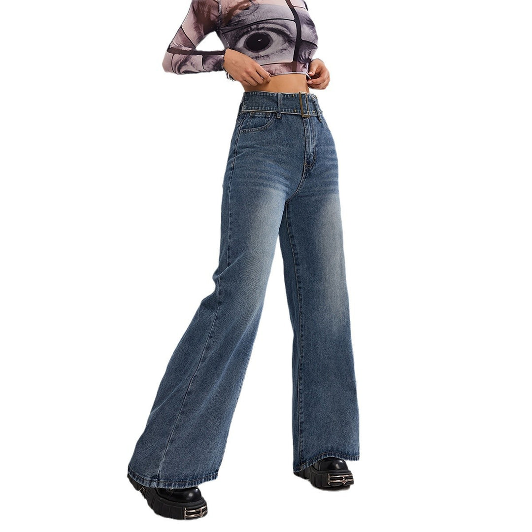 Damen Weite Denim-Hose mit hoch tailliertem Bund und modischen Schnallen EB
