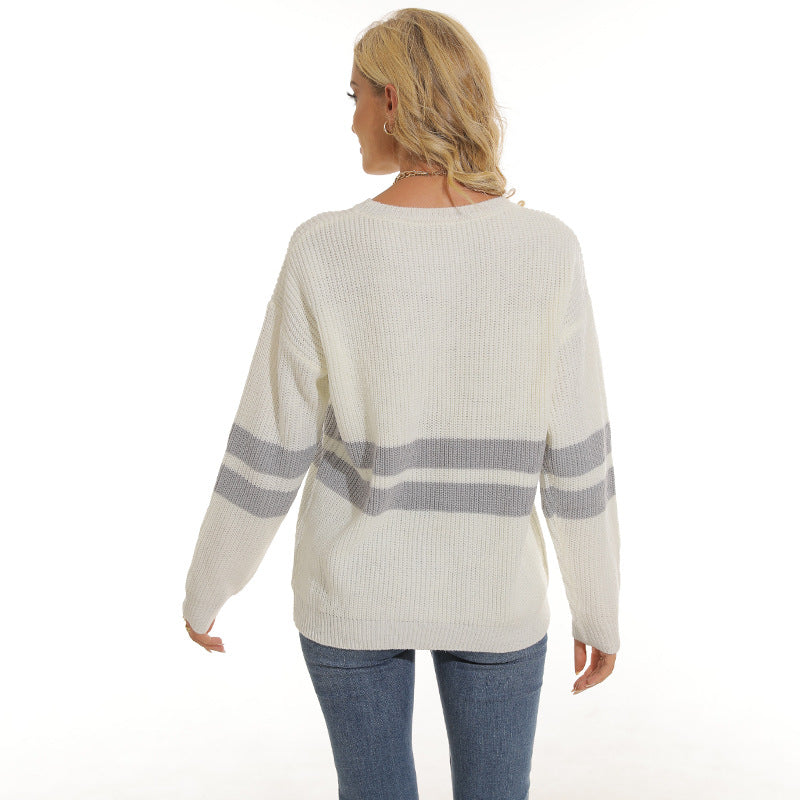 Damen Grobstrickpullover mit sportlichem Streifenmuster und lockerer Passform EB