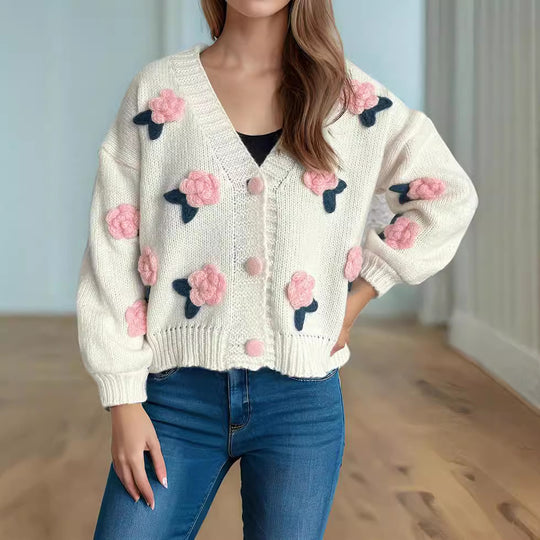 Damen Strickjacke mit floralen Applikationen und knöpfbarem Design EB