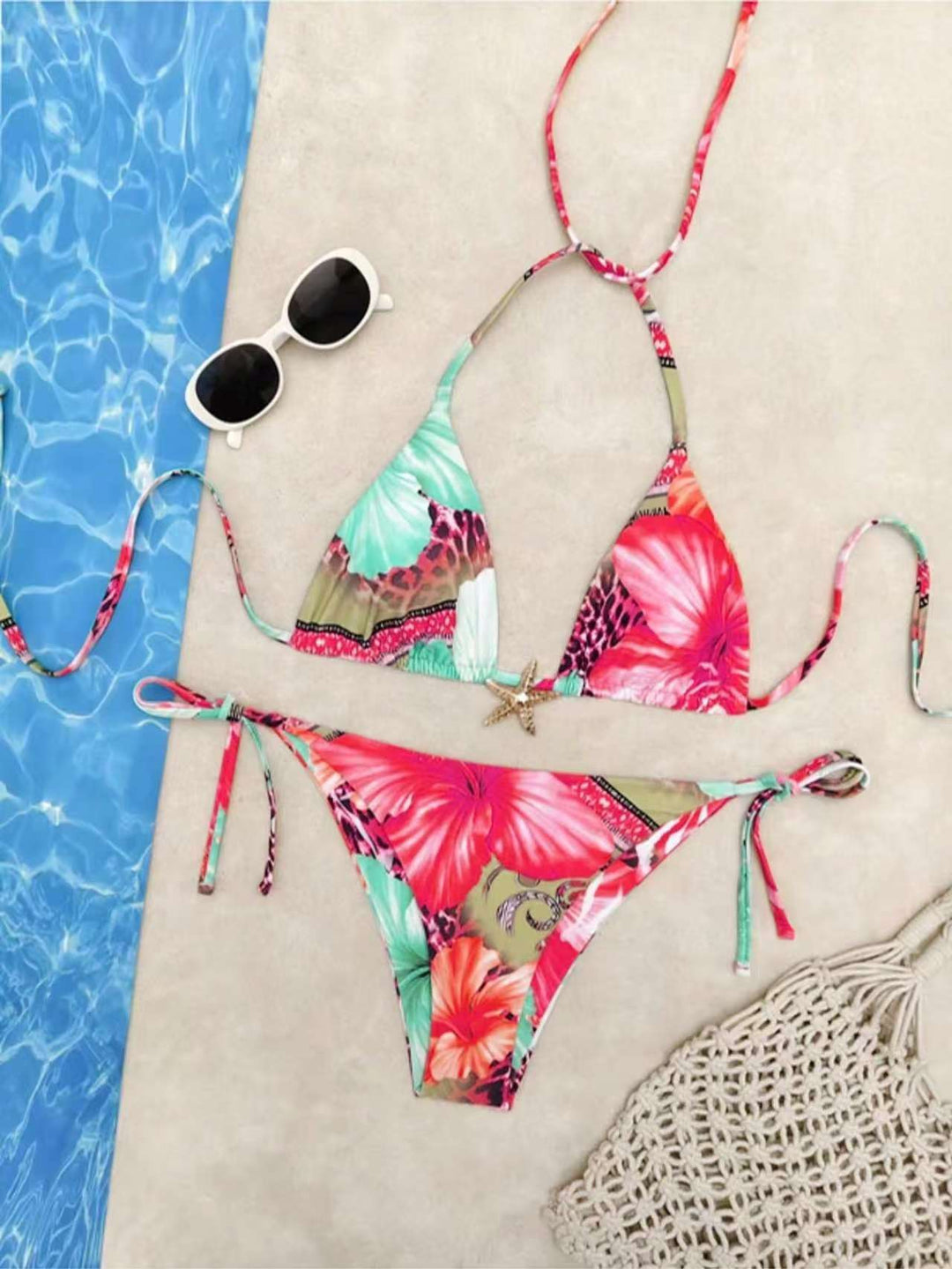 Damen Triangel-Bikini mit floralem Design und verstellbaren Bändern EB