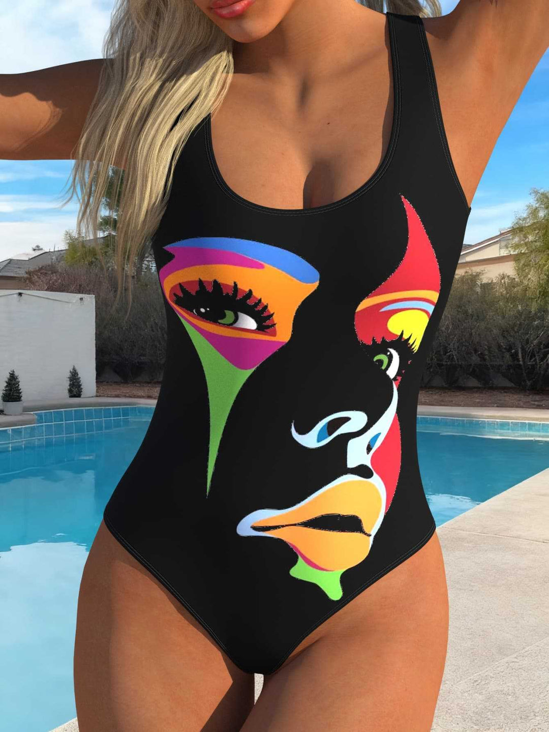 Damen Badeanzug mit kreativem Grafikdesign und hohem Beinausschnitt EB