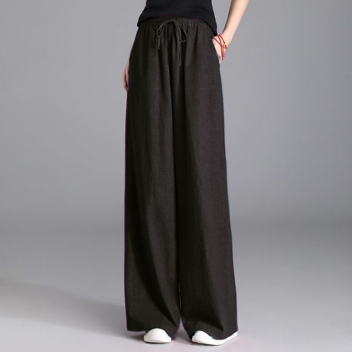 Damen nan weite Palazzo Leinenhose mit elastischem Kordelbund und Seitentaschen EB