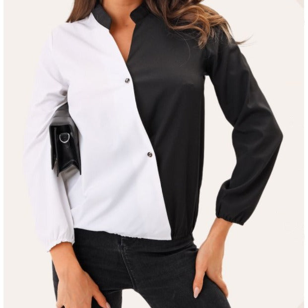 Damen Modische Bluse mit asymmetrischem Farbdesign und Teilungsnähten EB