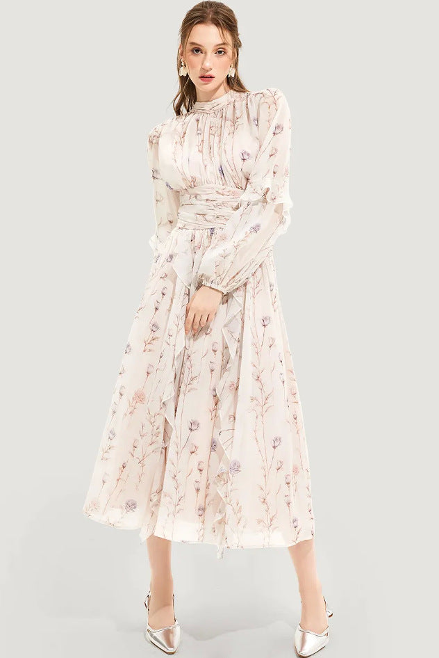 Damen Midi-Kleid mit floralen Stickereien und elegantem Rüschensaum EB