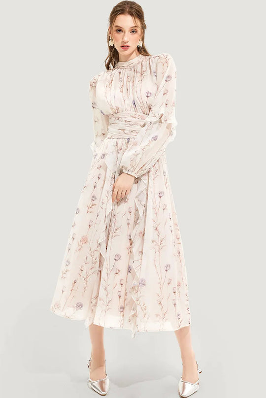 Damen Midi-Kleid mit floralen Stickereien und elegantem Rüschensaum EB