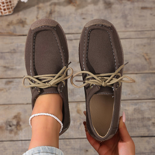 Damen  lässige Mokassin-Slipper aus Veloursimitat mit dekorativer Ziernaht, elastischer Schnürung und flexibler Gummisohle EB