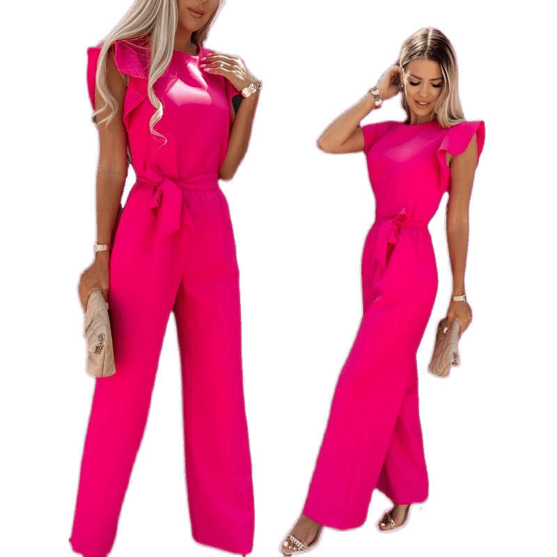 Frauen Fließender Weitbeiniger Jumpsuit mit Rüsche Ärmel EB