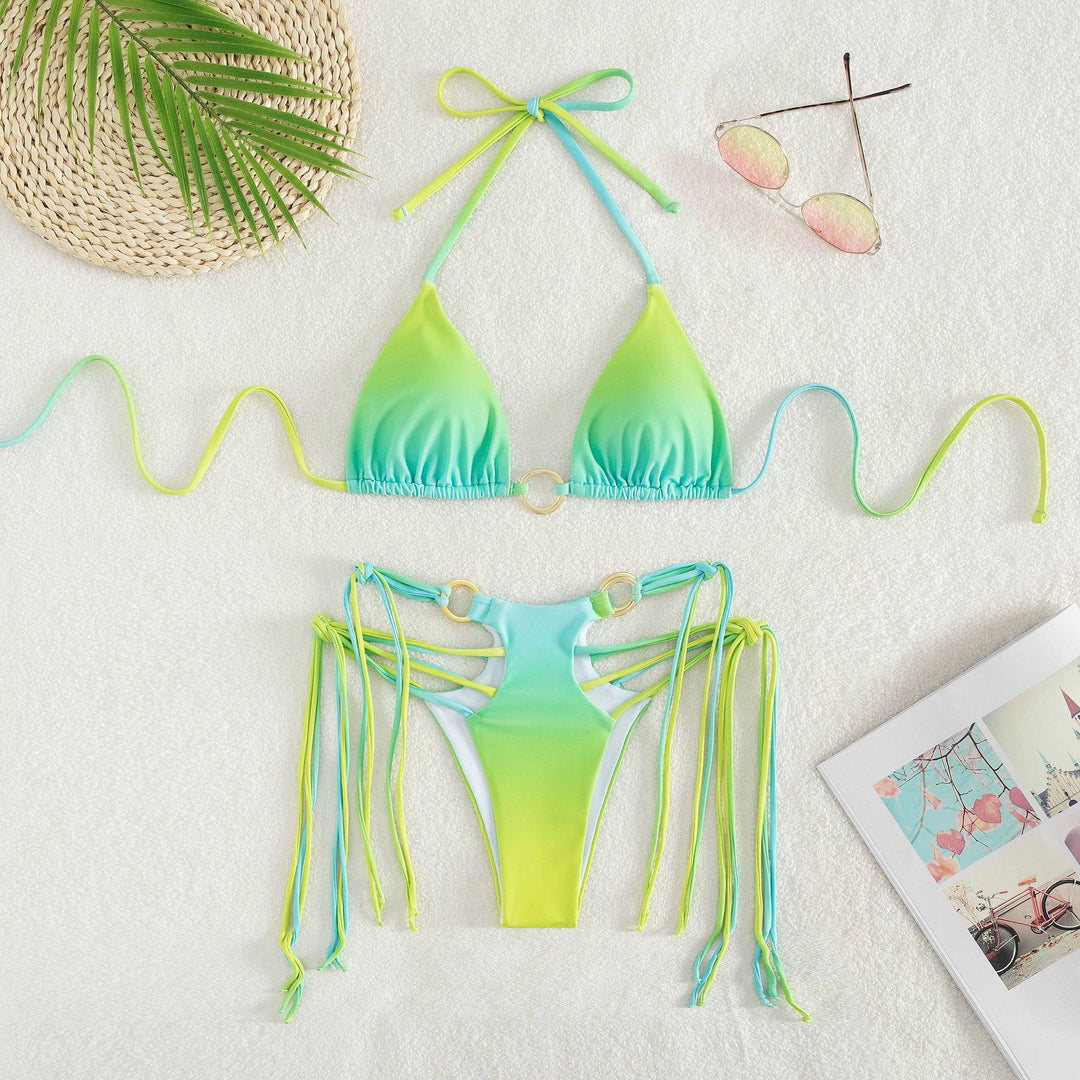 Damen Triangel-Bikini mit modischen Schnüroptik und schimmernden Ringdetails EB