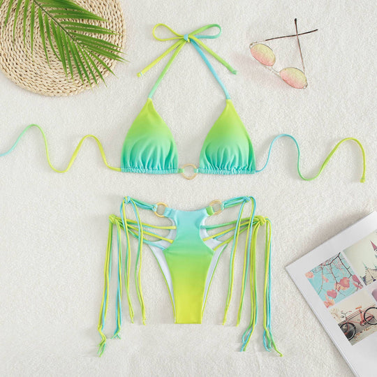 Damen Triangel-Bikini mit modischen Schnüroptik und schimmernden Ringdetails EB