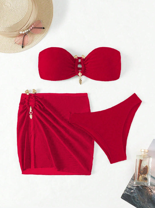 Damen Bandeau-Bikini-Set mit eleganter Rock-Overlay EB