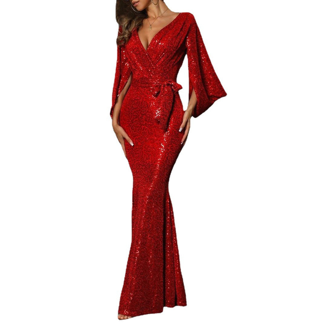 Damen Glamouröses Abendkleid mit schimmernden Pailletten und voluminösen Ärmeln EB