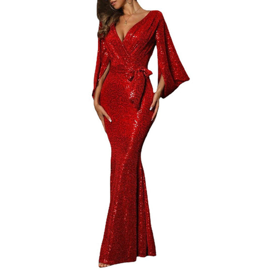 Damen Glamouröses Abendkleid mit schimmernden Pailletten und voluminösen Ärmeln EB