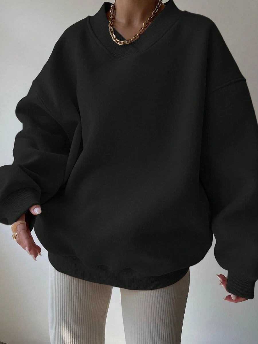 Damen Oversized V-Ausschnitt Sweatshirt mit verstärktem Rippkragen und extraweitem Cut EB