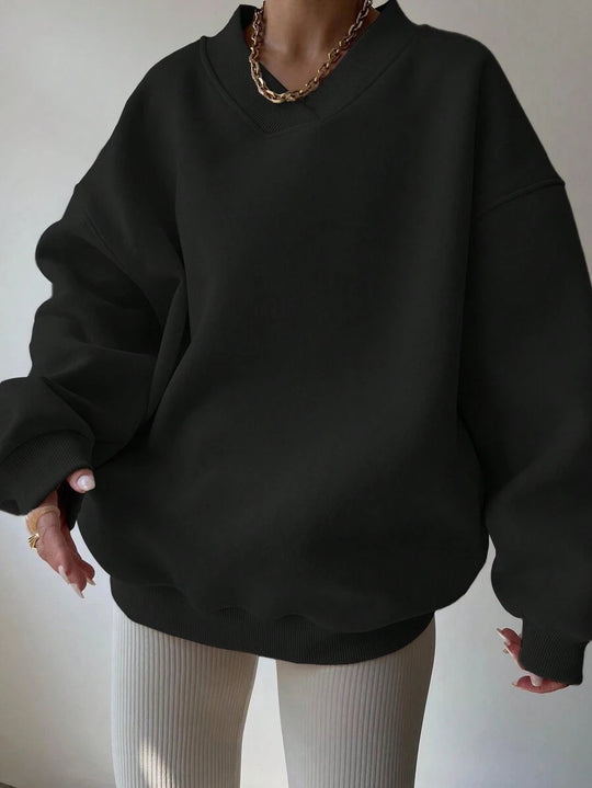 Damen Oversized V-Ausschnitt Sweatshirt mit verstärktem Rippkragen und extraweitem Cut EB
