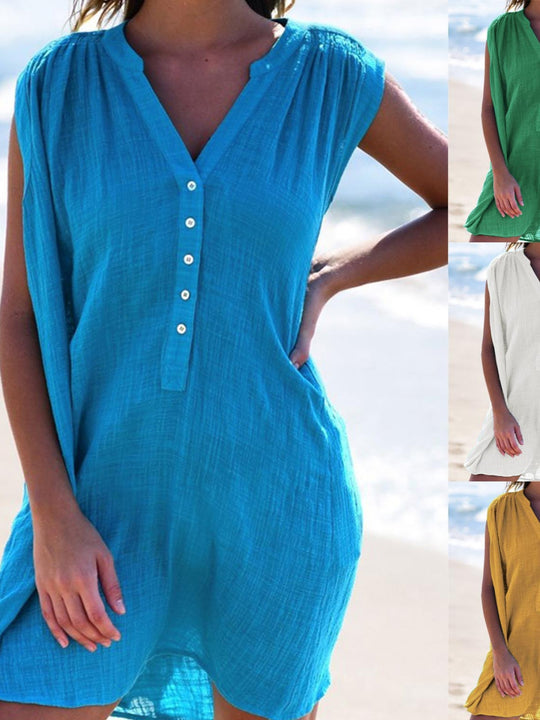 Damen Sommerliches Strandkleid mit kurzer Knopfleiste und V-Ausschnitt EB