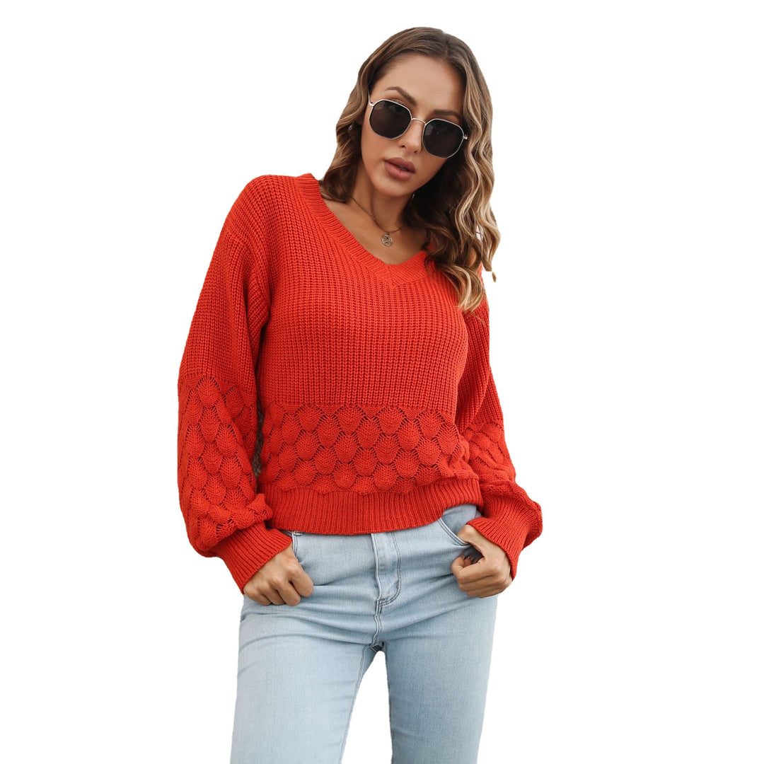 Damen V-Ausschnitt Strickpullover mit luftiger Musterstruktur EB