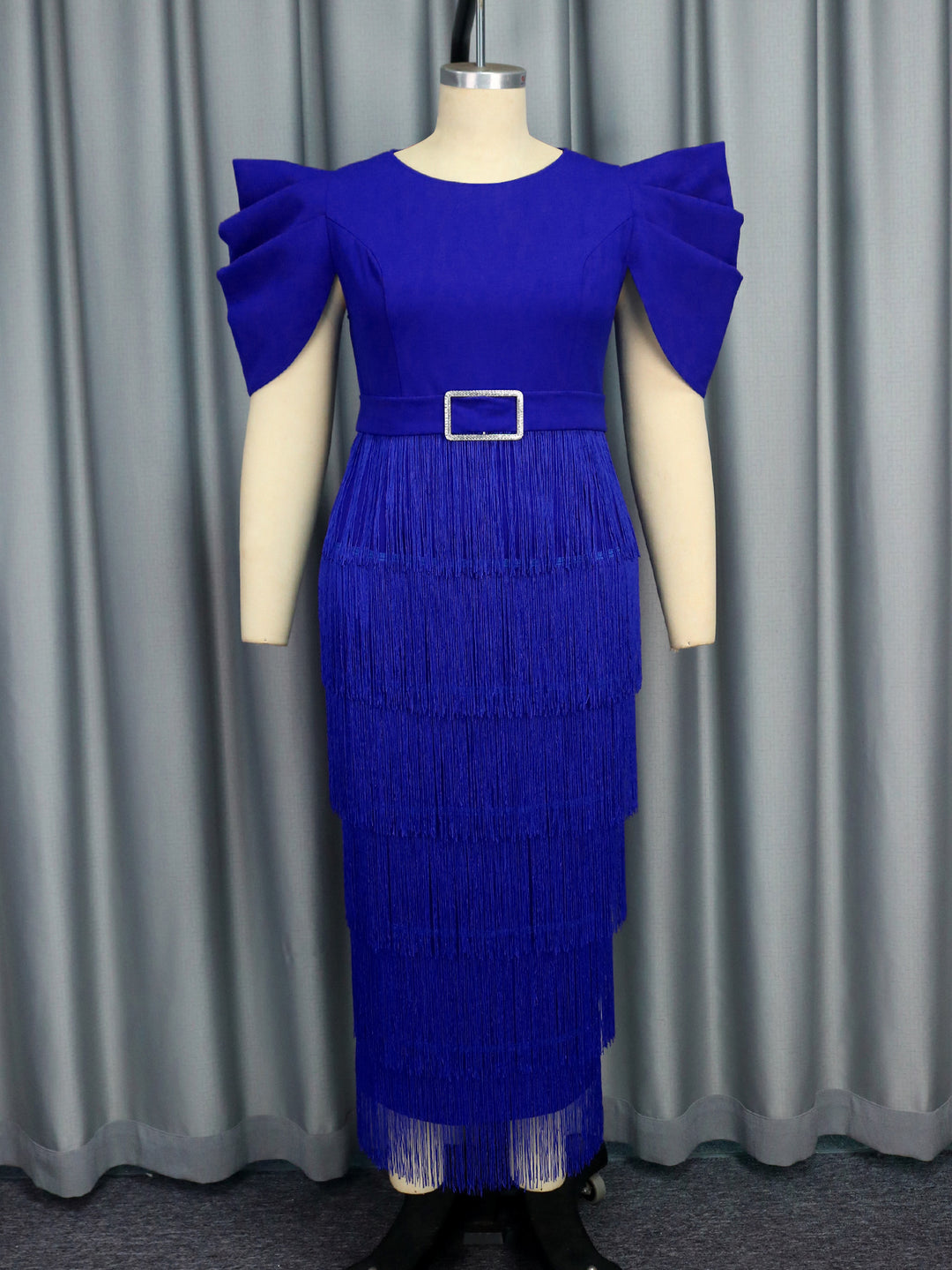 Damen Elegantes Fransen-Maxikleid mit voluminösen Puffärmeln EB