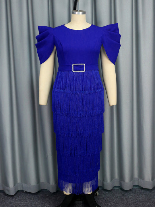 Damen Elegantes Fransen-Maxikleid mit voluminösen Puffärmeln EB