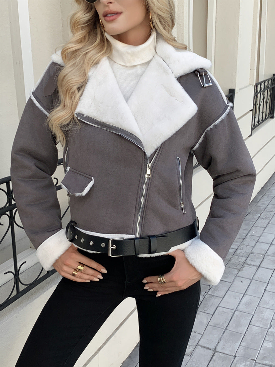 Damen modische jacke mit Kunstfellkragen und Gürtel EB