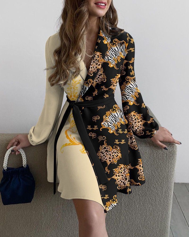 Damen Wickelkleid mit eleganten langen Ärmeln und seitlichem Schlitz EB