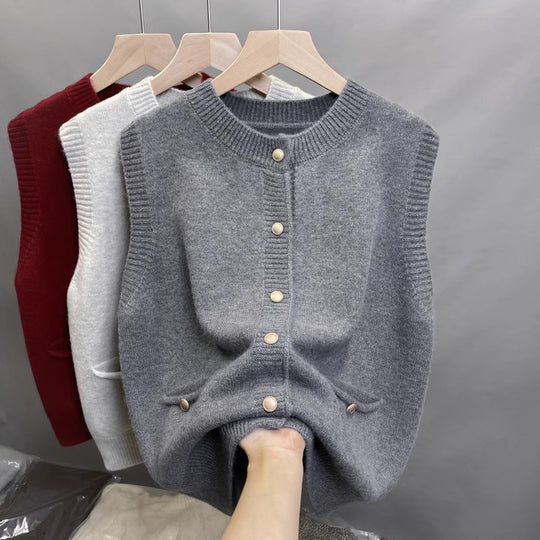 Damen Strickweste mit Knopfdetails und seitlichen Taschen EB