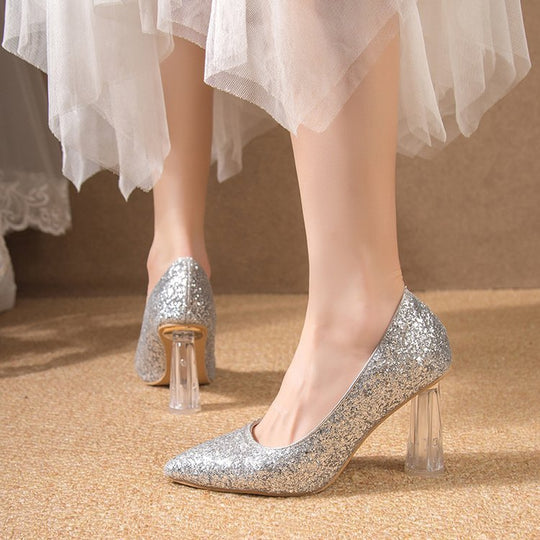Damen Glitzernde High Heels mit transparentem Blockabsatz EB